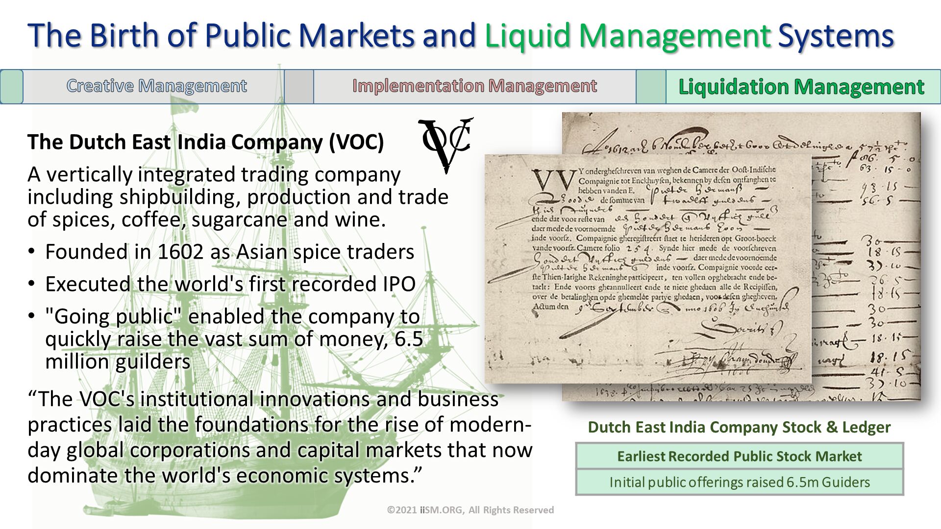 The Dutch East India Company (VOC)
A vertically integrated trading company including shipbuilding, production and trade of spices, coffee, sugarcane and wine.
Founded in 1602 as Asian spice traders
Executed the world's first recorded IPO 
"Going public" enabled the company to quickly raise the vast sum of money, 6.5 million guilders . The Birth of Public Markets and Liquid Management Systems. Dutch East India Company Stock & Ledger. ©2021 iiSM.ORG, All Rights Reserved. “The VOC's institutional innovations and business practices laid the foundations for the rise of modern-day global corporations and capital markets that now dominate the world's economic systems.”. 
