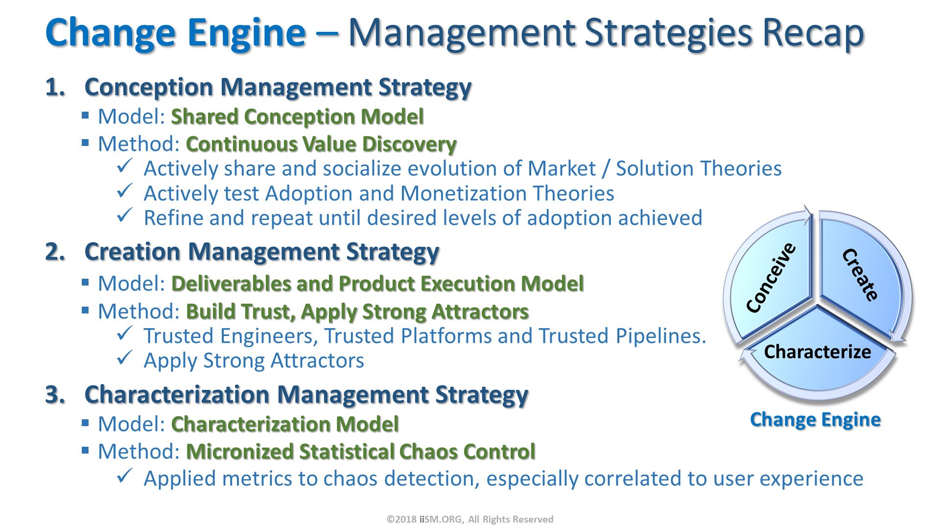 Change Engine – Management Strategies Recap. Conception Management Strategy
Model: Shared Conception Model
Method: Continuous Value Discovery
Actively share and socialize evolution of Market / Solution Theories
Actively test Adoption and Monetization Theories
Refine and repeat until desired levels of adoption achieved
Creation Management Strategy
Model: Deliverables and Product Execution Model
Method: Build Trust, Apply Strong Attractors
Trusted Engineers, Trusted Platforms and Trusted Pipelines.
Apply Strong Attractors
Characterization Management Strategy
Model: Characterization Model
Method: Micronized Statistical Chaos Control
Applied metrics to chaos detection, especially correlated to user experience. ©2018 iiSM.ORG, All Rights Reserved. 