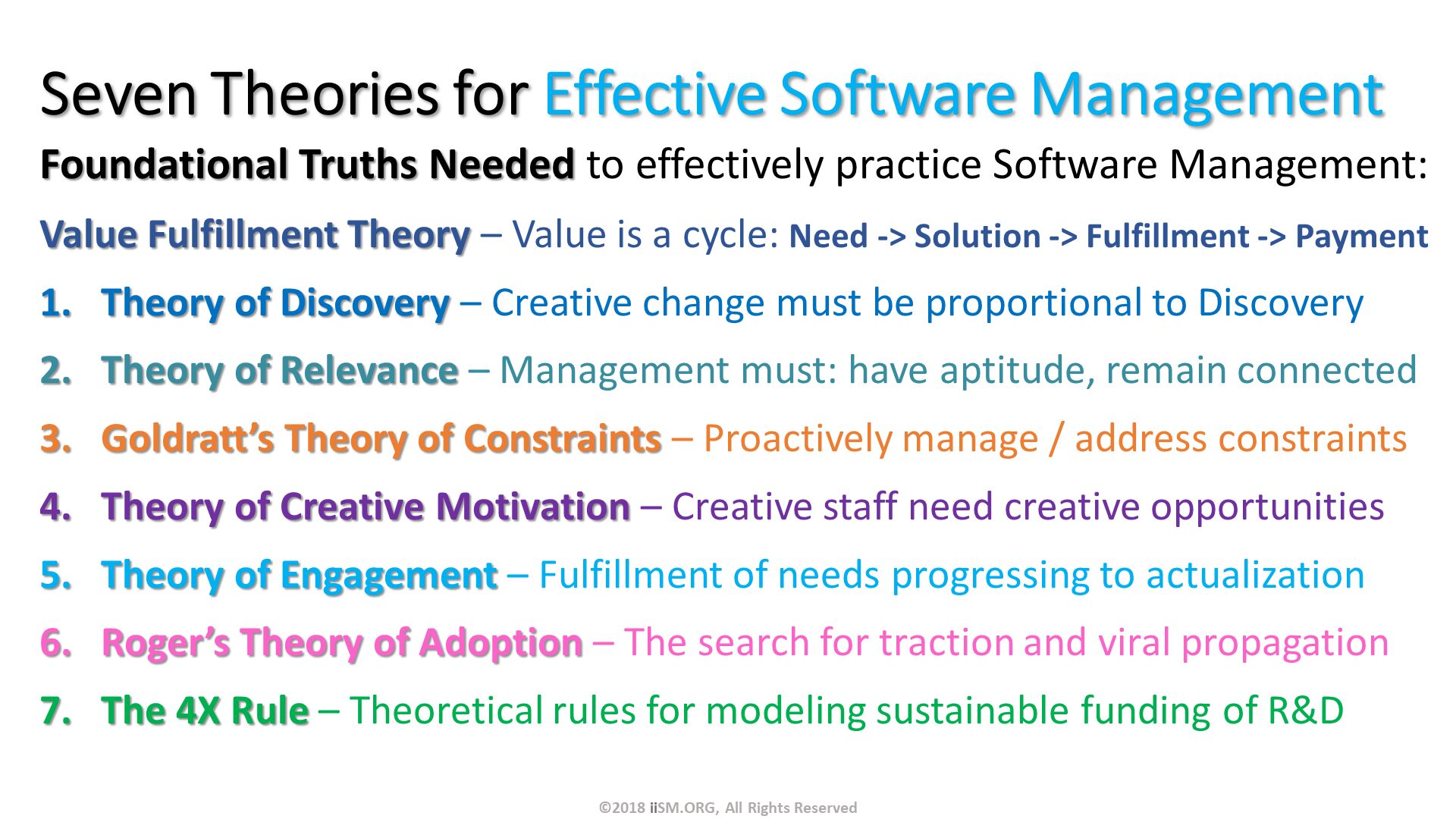 Seven Theories for Effective Software Management. Foundational Truths Needed to effectively practice Software Management:
Value Fulfillment Theory – Value is a cycle: Need -> Solution -> Fulfillment -> Payment
Theory of Discovery – Creative change must be proportional to Discovery
Theory of Relevance – Management must: have aptitude, remain connected
Goldratt’s Theory of Constraints – Proactively manage / address constraints
Theory of Creative Motivation – Creative staff need creative opportunities
Theory of Engagement – Fulfillment of needs progressing to actualization
Roger’s Theory of Adoption – The search for traction and viral propagation 
The 4X Rule – Theoretical rules for modeling sustainable funding of R&D. ©2018 iiSM.ORG, All Rights Reserved. 