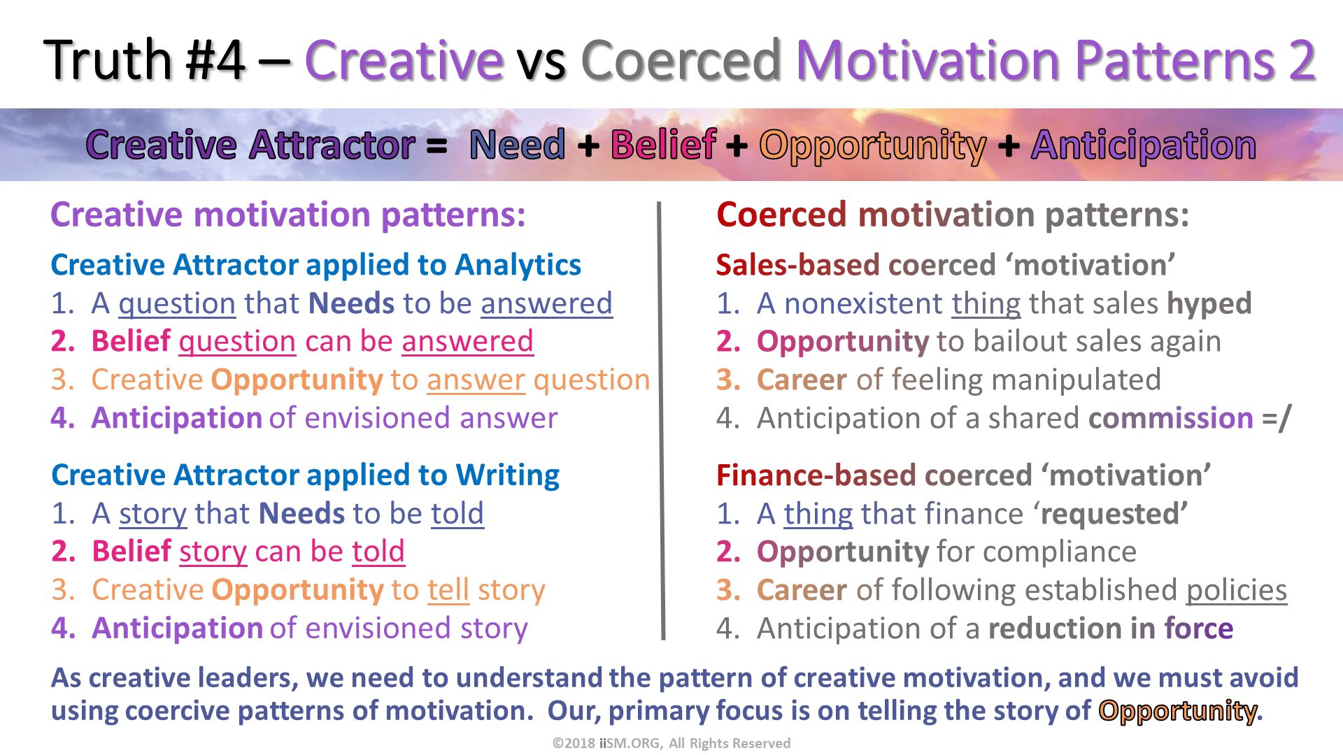 Truth #4 – Creative vs Coerced Motivation Patterns 2. Sales-based coerced ‘motivation’
A nonexistent thing that sales hyped
Opportunity to bailout sales again 
Career of feeling manipulated
Anticipation of a shared commission =/. Finance-based coerced ‘motivation’
A thing that finance ‘requested’
Opportunity for compliance
Career of following established policies
Anticipation of a reduction in force. Creative motivation patterns:. ©2018 iiSM.ORG, All Rights Reserved. Coerced motivation patterns:. Creative Attractor applied to Analytics
A question that Needs to be answered
Belief question can be answered
Creative Opportunity to answer question
Anticipation of envisioned answer. Creative Attractor applied to Writing
A story that Needs to be told
Belief story can be told
Creative Opportunity to tell story
Anticipation of envisioned story. As creative leaders, we need to understand the pattern of creative motivation, and we must avoid using coercive patterns of motivation.  Our, primary focus is on telling the story of Opportunity. 