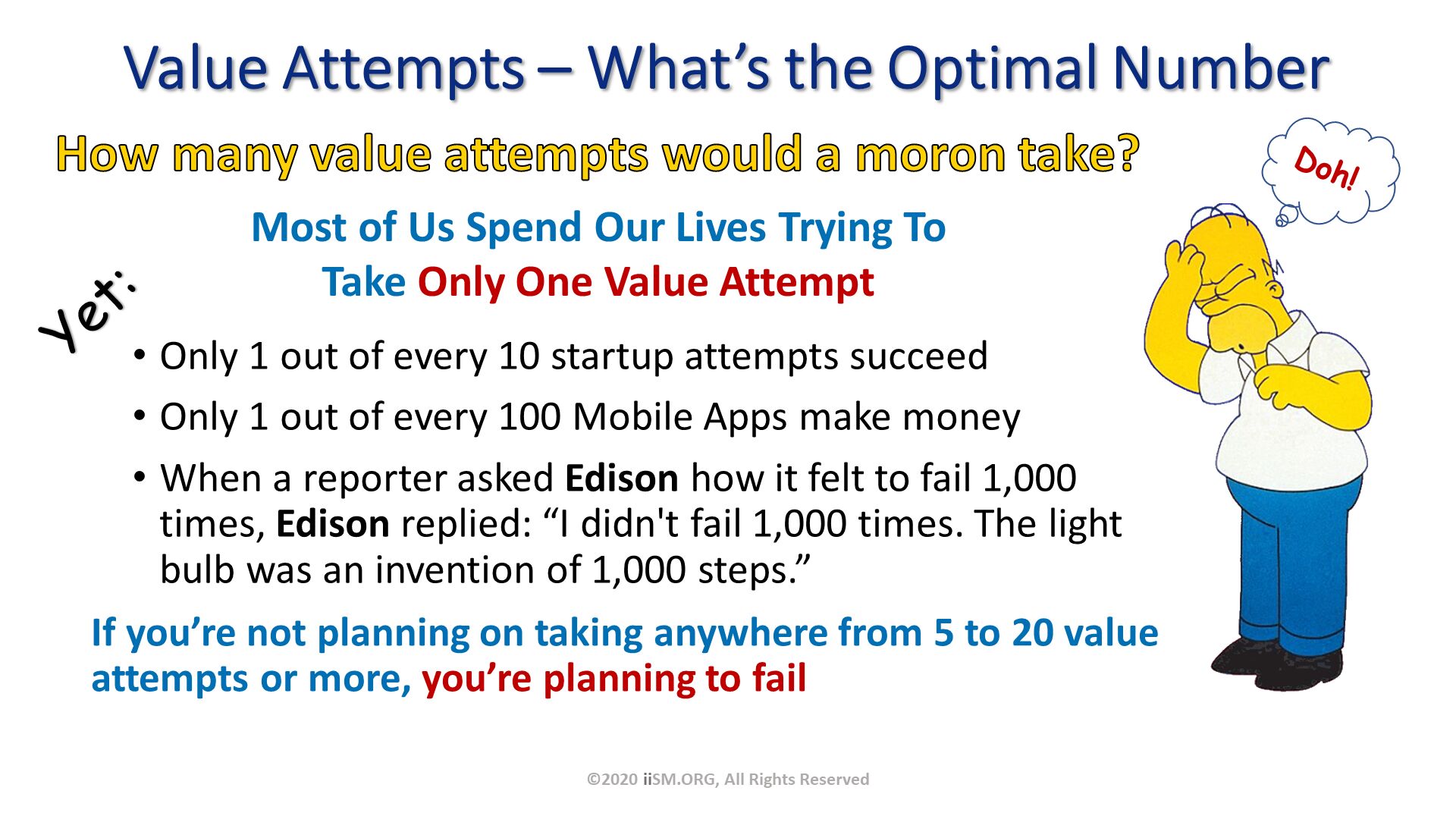 Value Attempts – What’s the Optimal Number. How many value attempts would a moron take?
. ©2020 iiSM.ORG, All Rights Reserved. Doh!. Most of Us Spend Our Lives Trying To 
Take Only One Value Attempt. Only 1 out of every 10 startup attempts succeed
Only 1 out of every 100 Mobile Apps make money
When a reporter asked Edison how it felt to fail 1,000 times, Edison replied: “I didn't fail 1,000 times. The light bulb was an invention of 1,000 steps.”. If you’re not planning on taking anywhere from 5 to 20 value attempts or more, you’re planning to fail
. Yet:. 